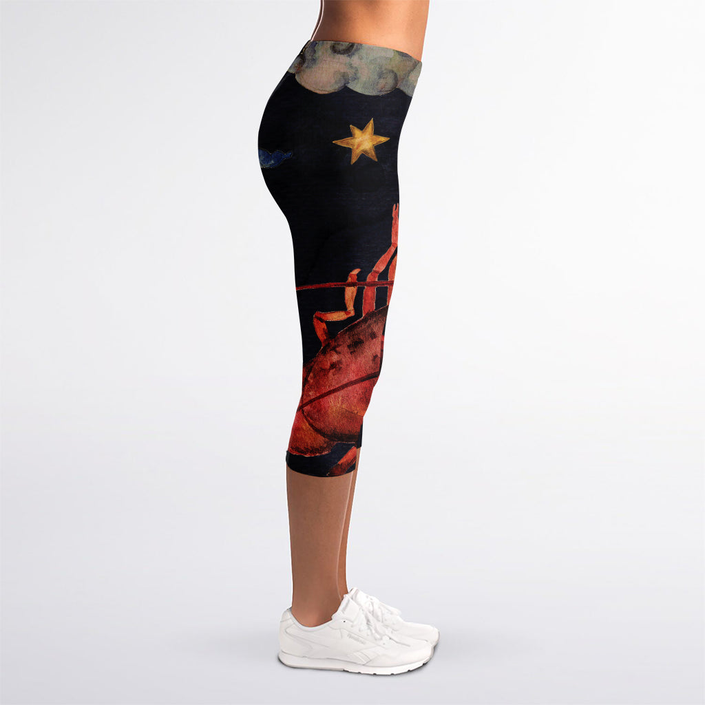 Watercolor Cancer Zodiac Sign Print Women's Capri Leggings