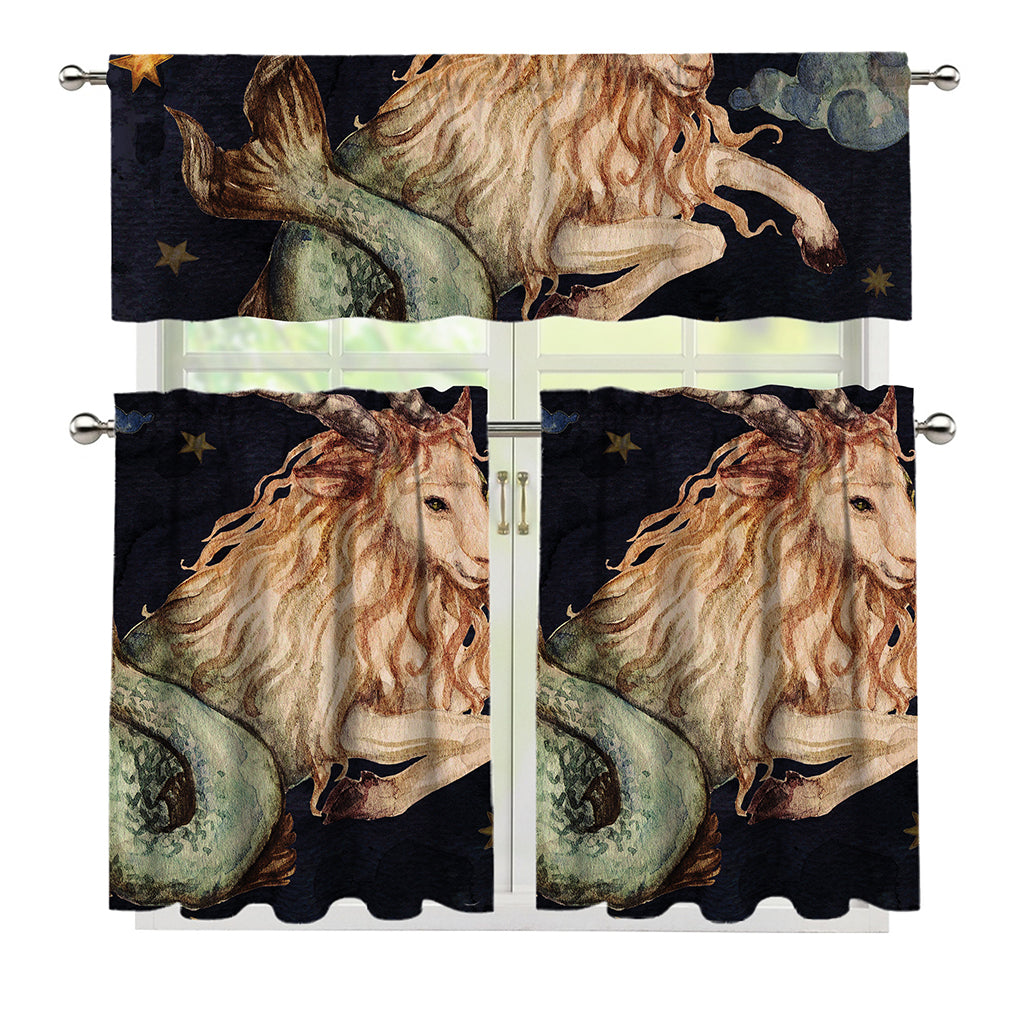 Watercolor Capricorn Zodiac Sign Print 3 Piece Kitchen Curtains