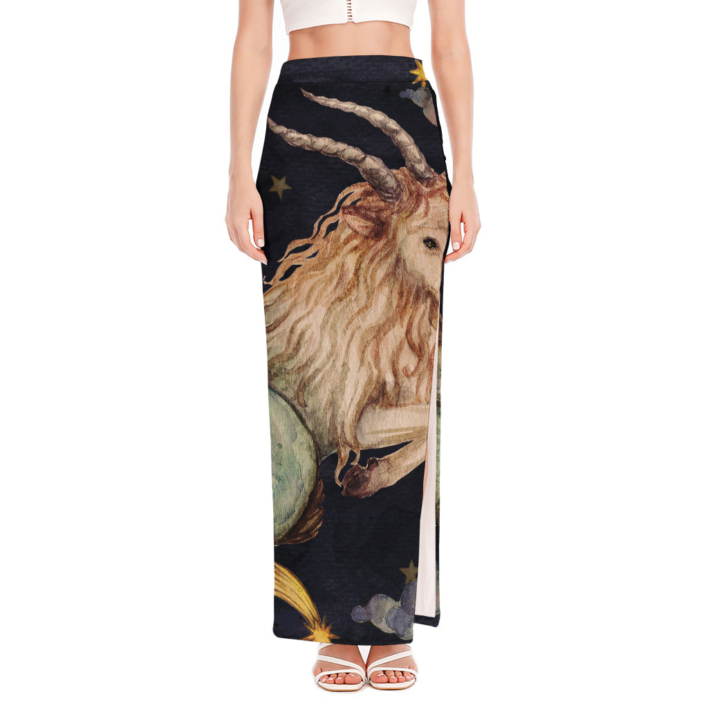 Watercolor Capricorn Zodiac Sign Print High Slit Maxi Skirt