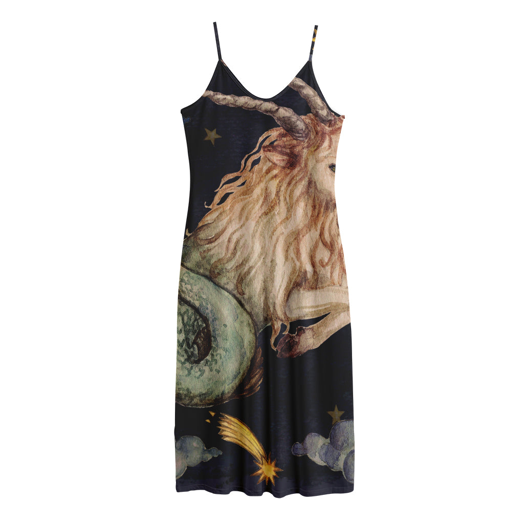 Watercolor Capricorn Zodiac Sign Print Jersey Midi Cami Dress
