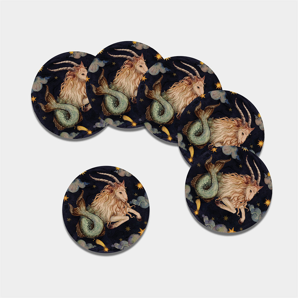 Watercolor Capricorn Zodiac Sign Print Leather Coaster Set