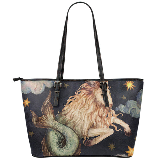 Watercolor Capricorn Zodiac Sign Print Leather Tote Bag