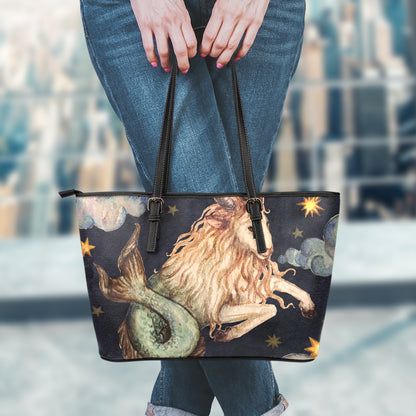 Watercolor Capricorn Zodiac Sign Print Leather Tote Bag