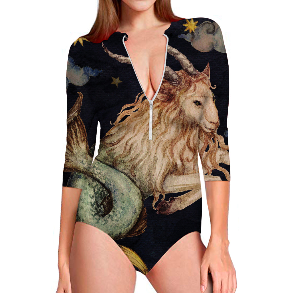 Watercolor Capricorn Zodiac Sign Print Long Sleeve Swimsuit