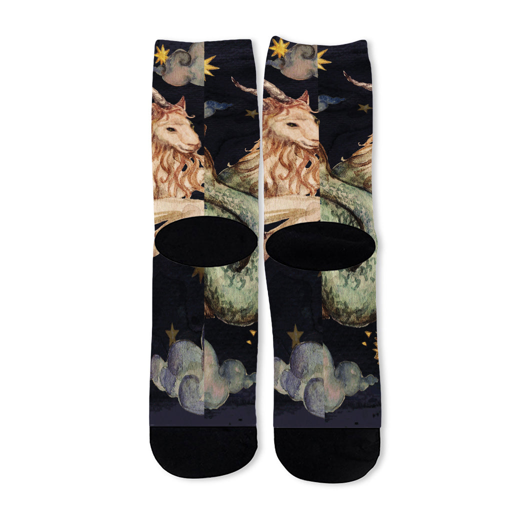 Watercolor Capricorn Zodiac Sign Print Long Socks