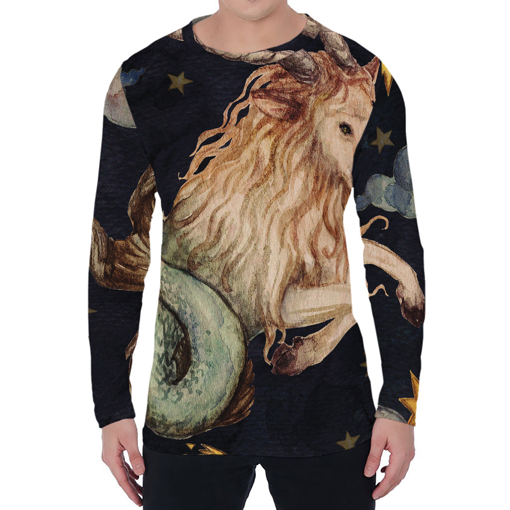 Watercolor Capricorn Zodiac Sign Print Men's Long Sleeve T-Shirt