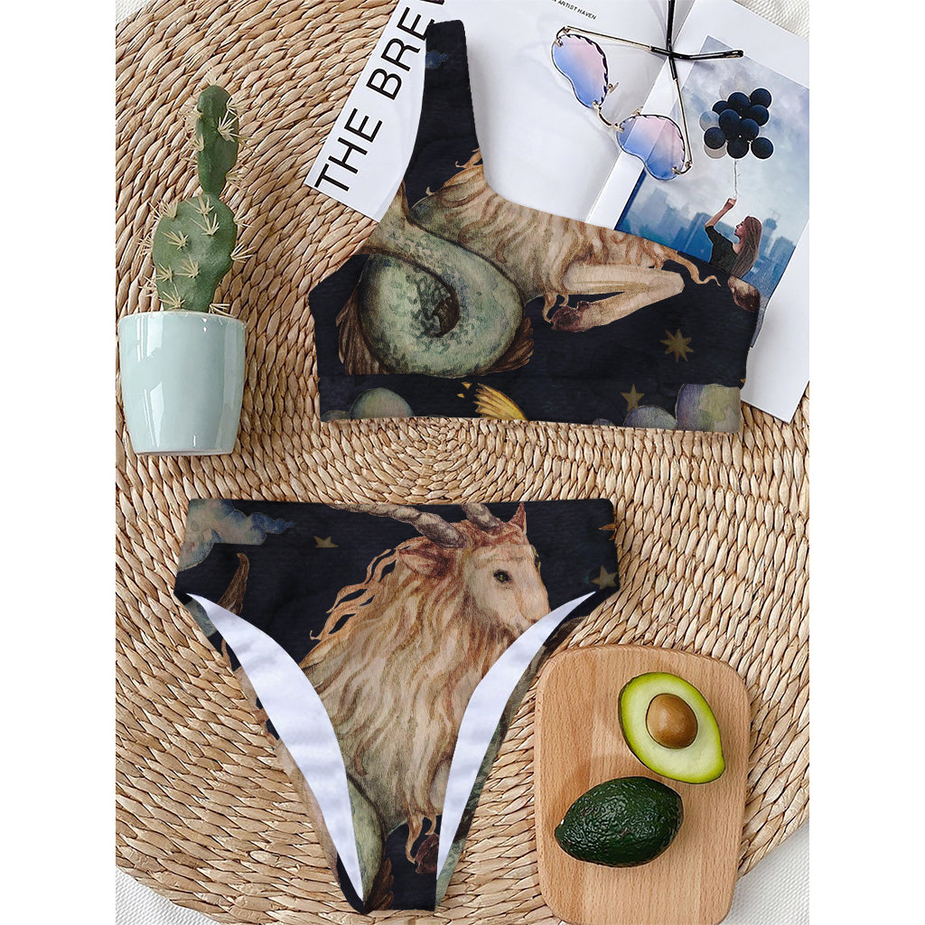 Watercolor Capricorn Zodiac Sign Print One Shoulder Bikini Top