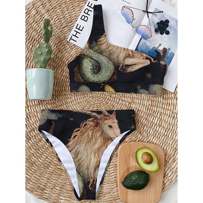 Watercolor Capricorn Zodiac Sign Print One Shoulder Bikini Top
