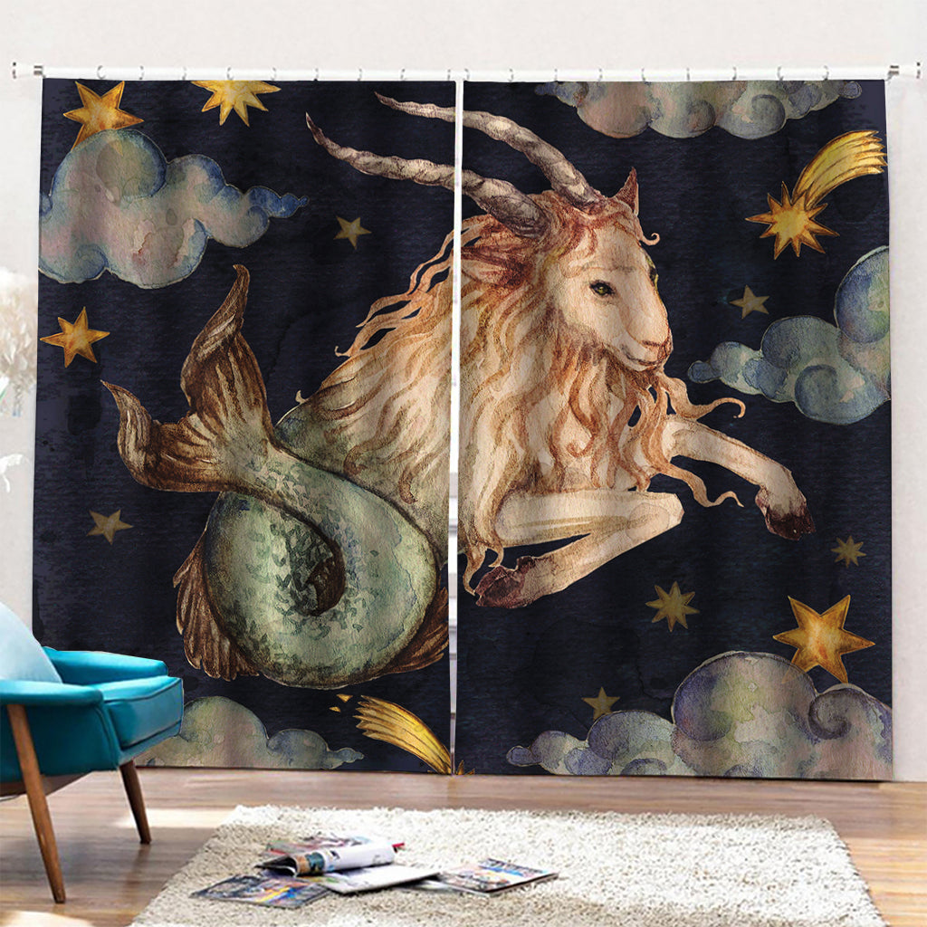 Watercolor Capricorn Zodiac Sign Print Pencil Pleat Curtains