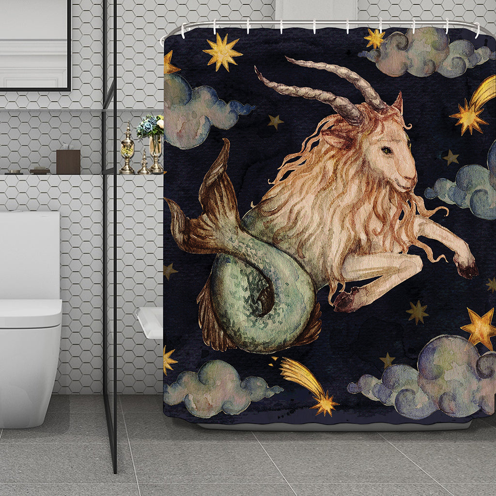 Watercolor Capricorn Zodiac Sign Print Polyester Shower Curtain