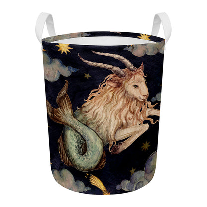 Watercolor Capricorn Zodiac Sign Print Round Laundry Basket