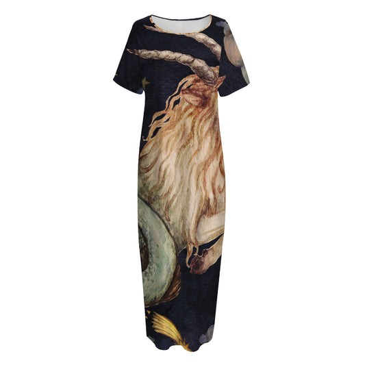 Watercolor Capricorn Zodiac Sign Print Short Sleeve Long Nightdress