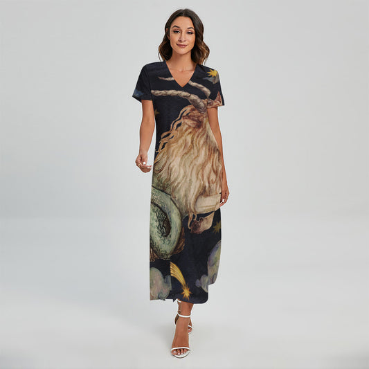 Watercolor Capricorn Zodiac Sign Print Short Sleeve Maxi Dress