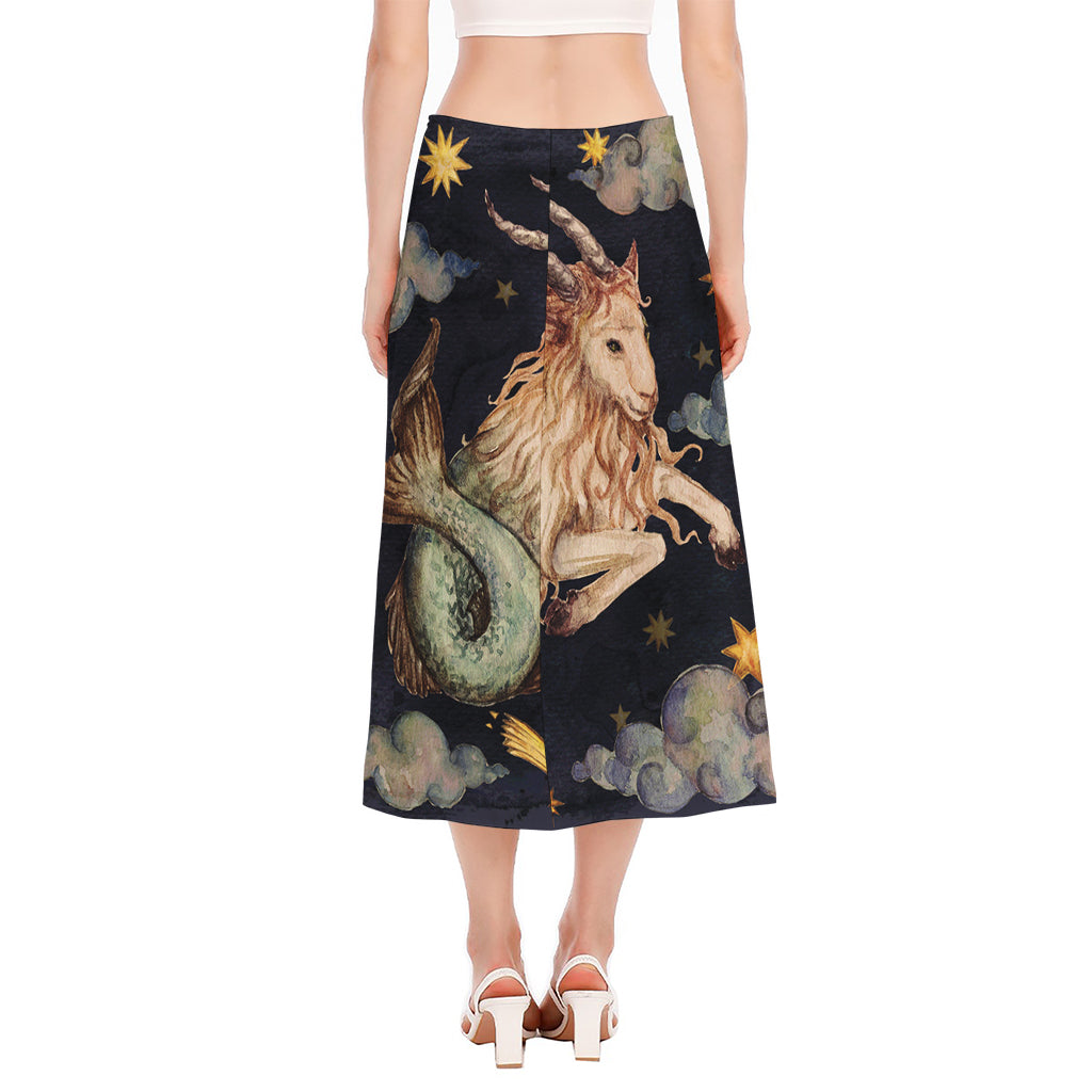Watercolor Capricorn Zodiac Sign Print Side Slit Midi Skirt