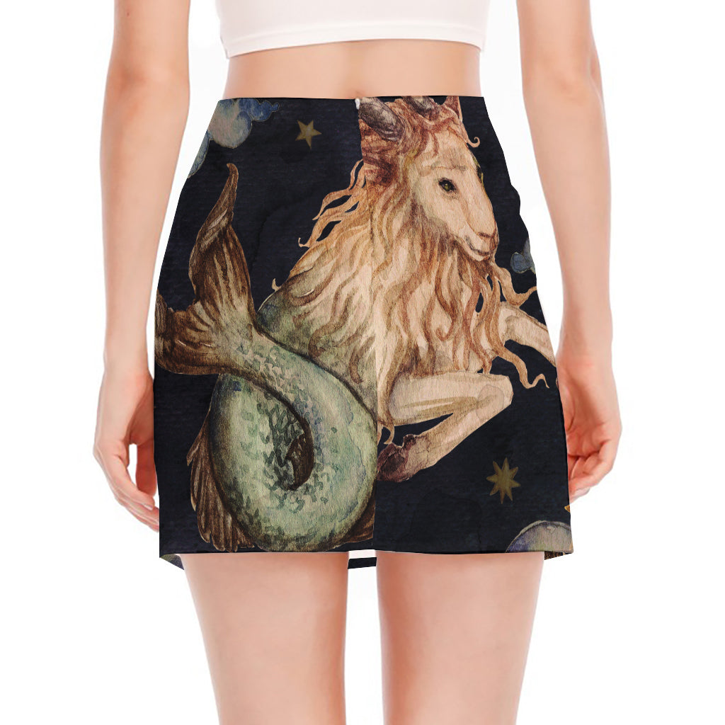 Watercolor Capricorn Zodiac Sign Print Side Slit Mini Skirt
