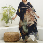 Watercolor Capricorn Zodiac Sign Print Silk V-Neck Kaftan Dress