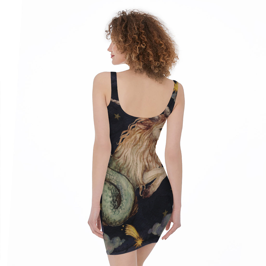 Watercolor Capricorn Zodiac Sign Print Sleeveless Bodycon Dress