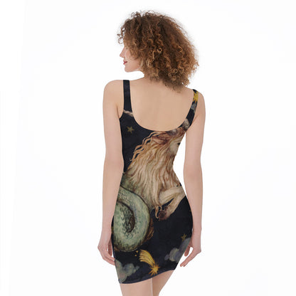 Watercolor Capricorn Zodiac Sign Print Sleeveless Bodycon Dress