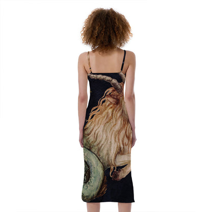Watercolor Capricorn Zodiac Sign Print Slim Fit Midi Cami Dress