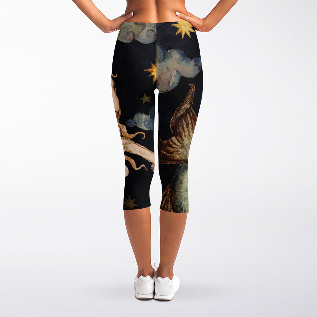 Watercolor Capricorn Zodiac Sign Print Women's Capri Leggings