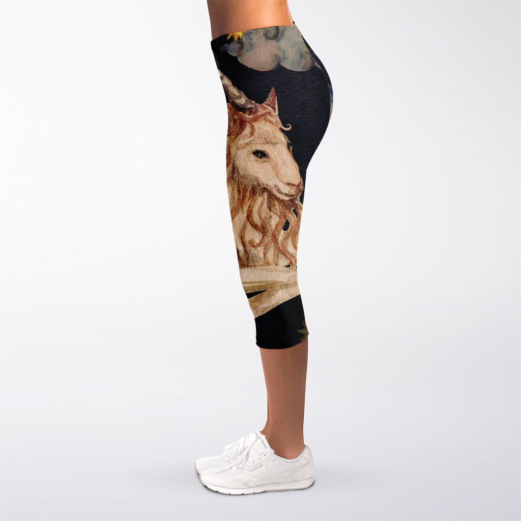 Watercolor Capricorn Zodiac Sign Print Women's Capri Leggings