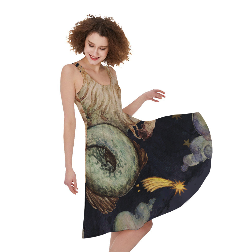 Watercolor Capricorn Zodiac Sign Print Women's Sleeveless Dress