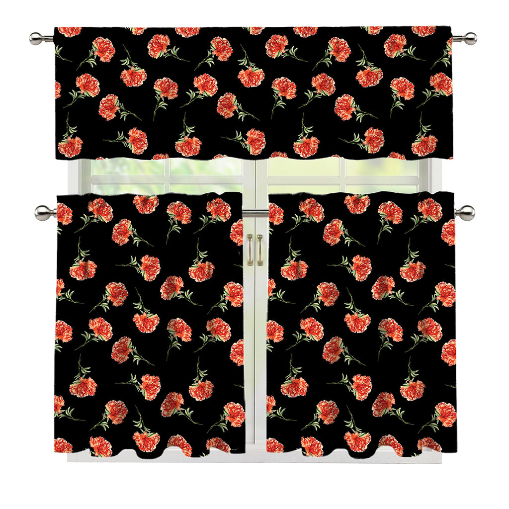Watercolor Carnation Pattern Print 3 Piece Kitchen Curtains
