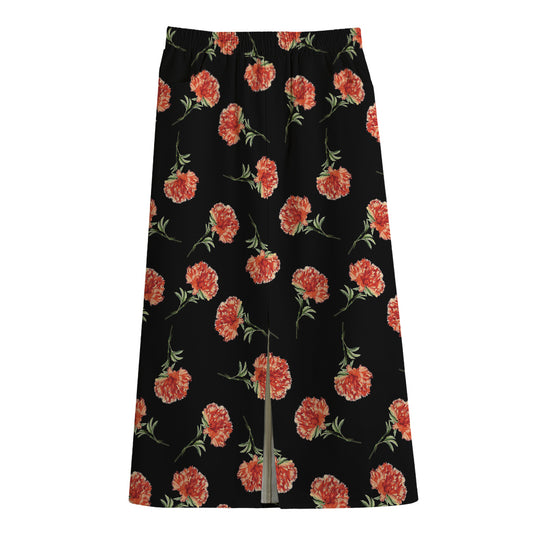 Watercolor Carnation Pattern Print Cotton Front Slit Maxi Skirt