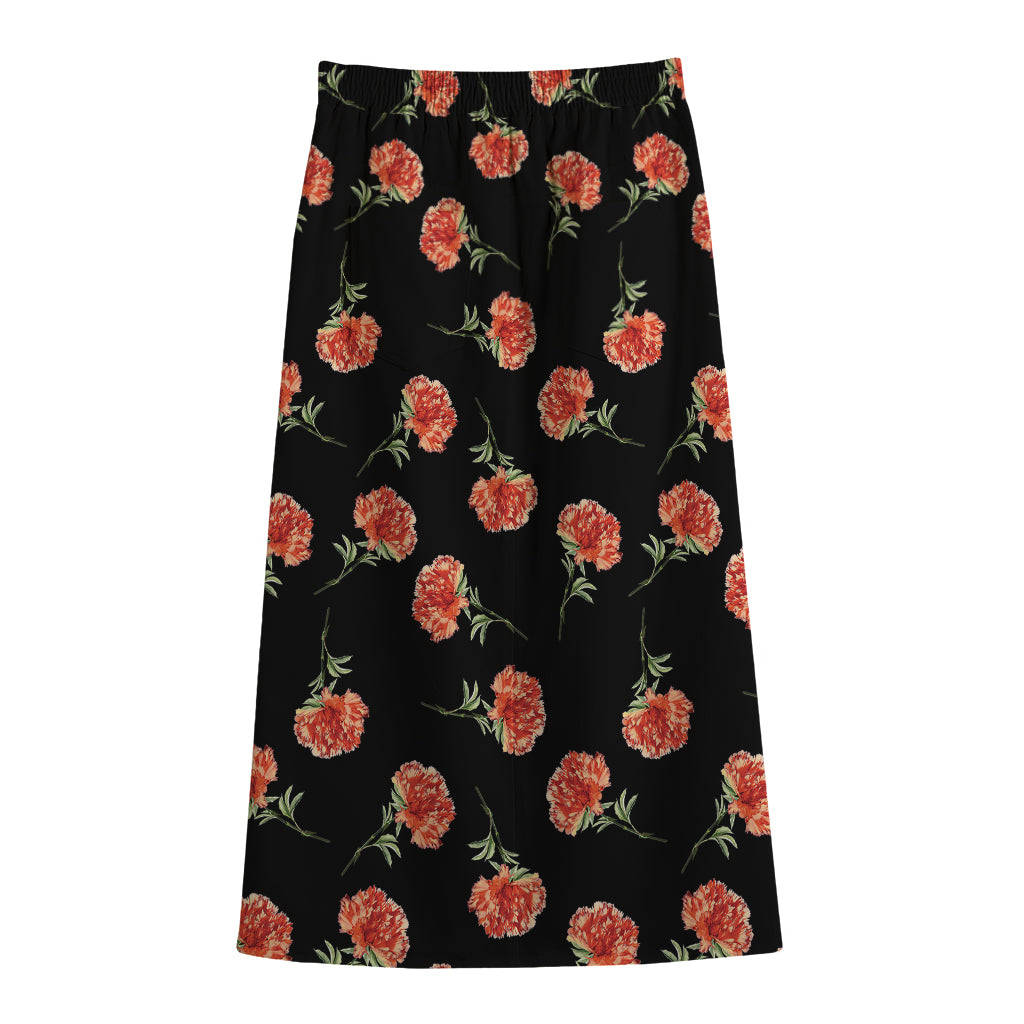 Watercolor Carnation Pattern Print Cotton Front Slit Maxi Skirt
