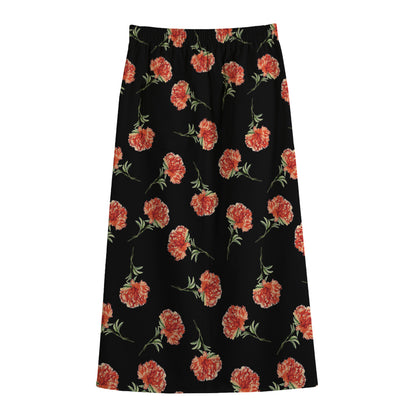 Watercolor Carnation Pattern Print Cotton Front Slit Maxi Skirt