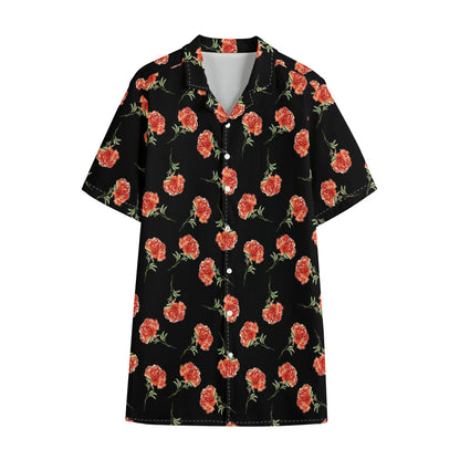 Watercolor Carnation Pattern Print Cotton Hawaiian Shirt