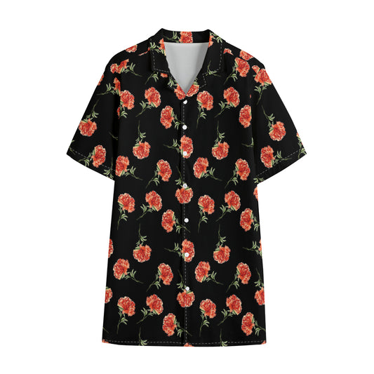 Watercolor Carnation Pattern Print Cotton Hawaiian Shirt