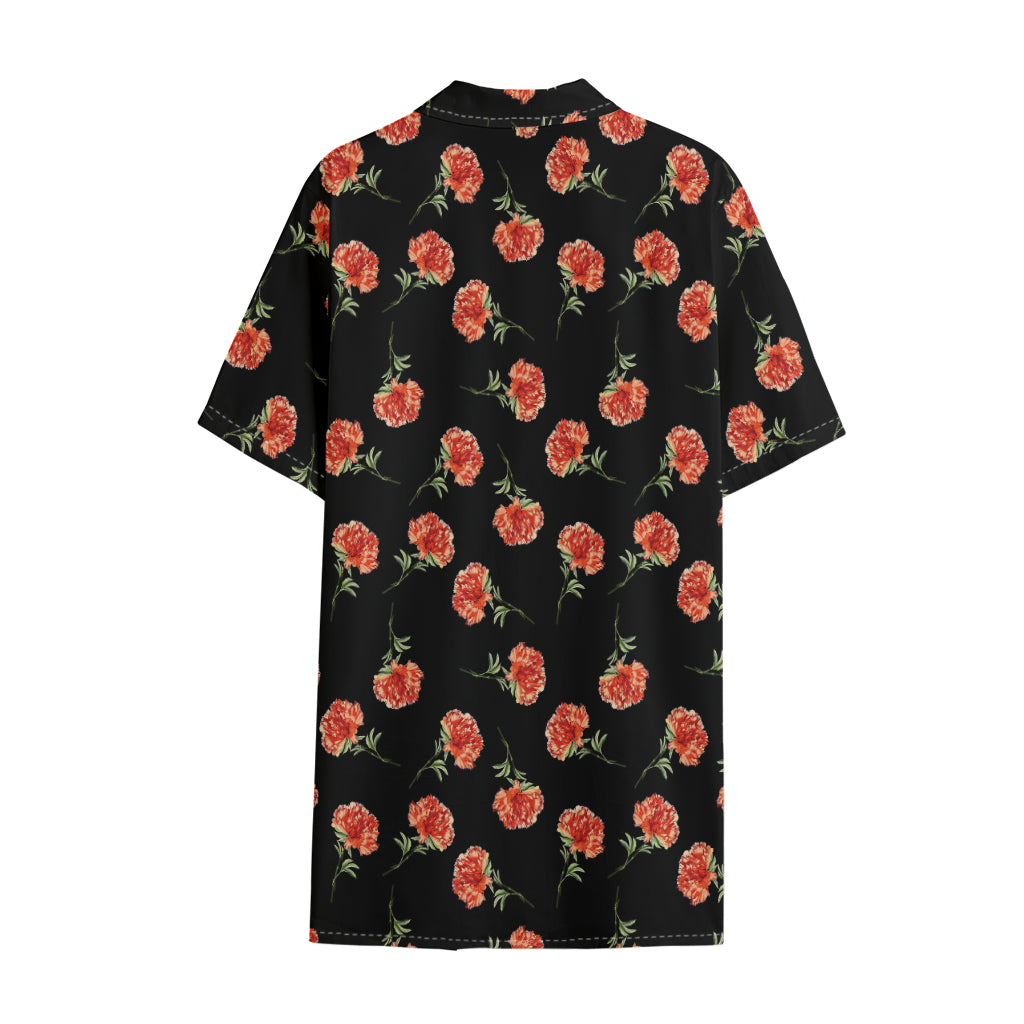 Watercolor Carnation Pattern Print Cotton Hawaiian Shirt