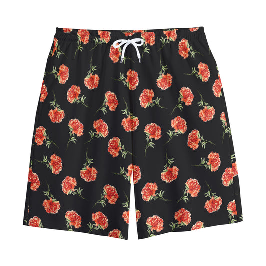 Watercolor Carnation Pattern Print Cotton Shorts