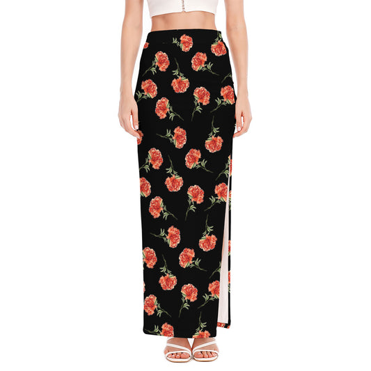 Watercolor Carnation Pattern Print High Slit Maxi Skirt