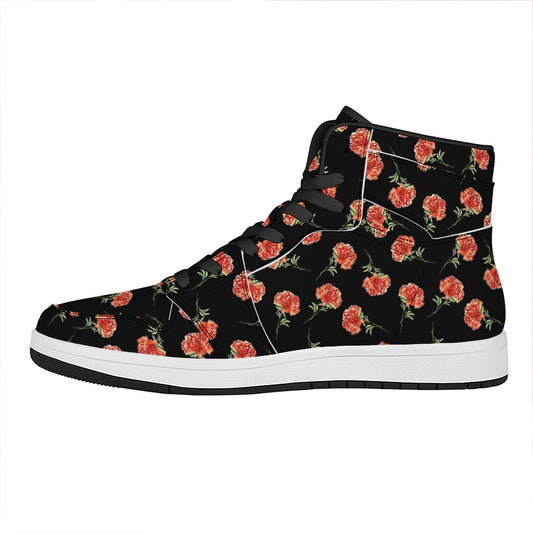Watercolor Carnation Pattern Print High Top Leather Sneakers