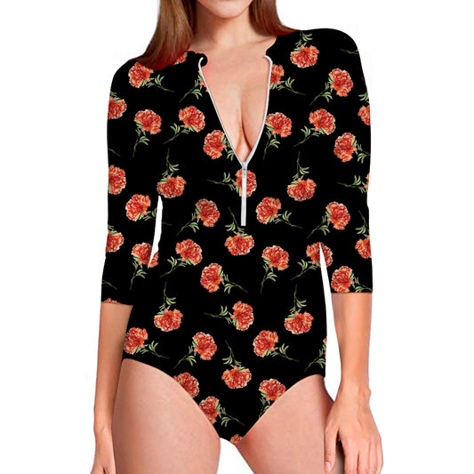 Watercolor Carnation Pattern Print Long Sleeve Swimsuit