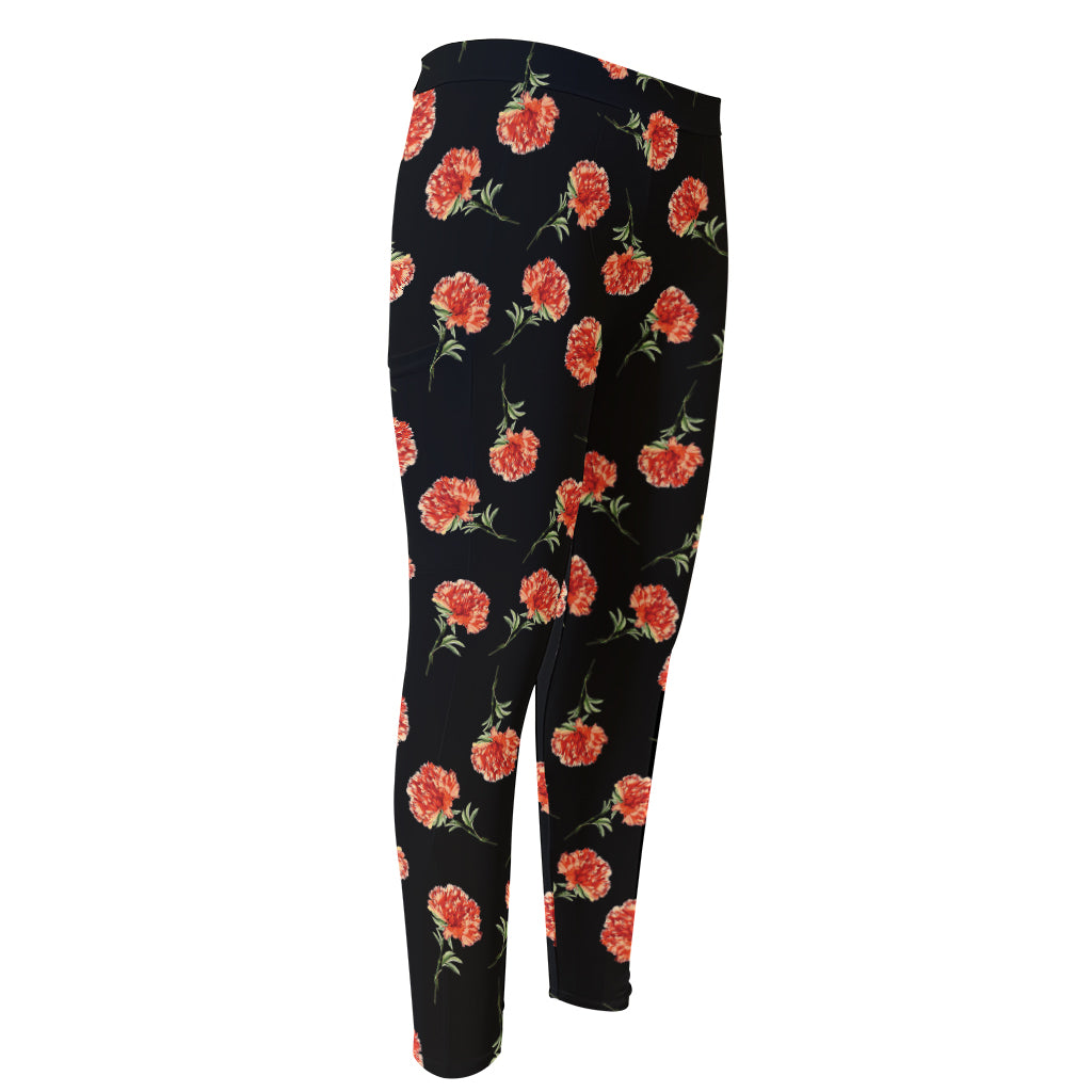 Watercolor Carnation Pattern Print Men's Compression Pants