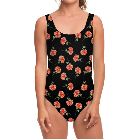 Watercolor Carnation Pattern Print One Piece Swimsuit