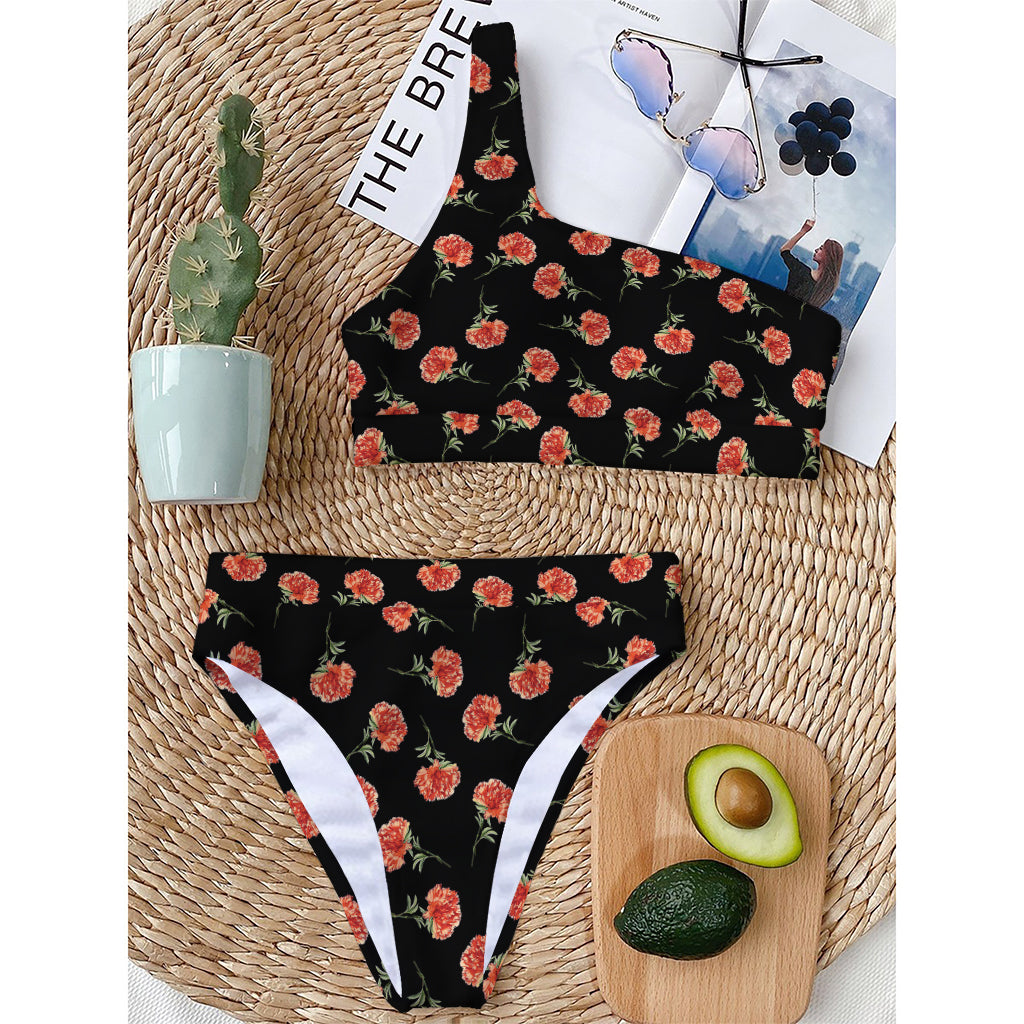 Watercolor Carnation Pattern Print One Shoulder Bikini Top