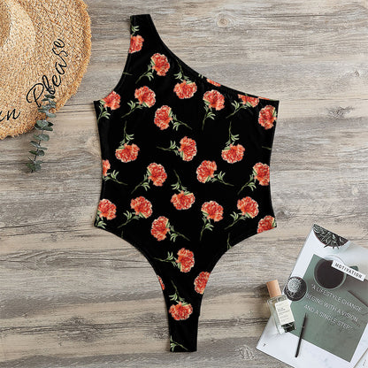 Watercolor Carnation Pattern Print One Shoulder Bodysuit