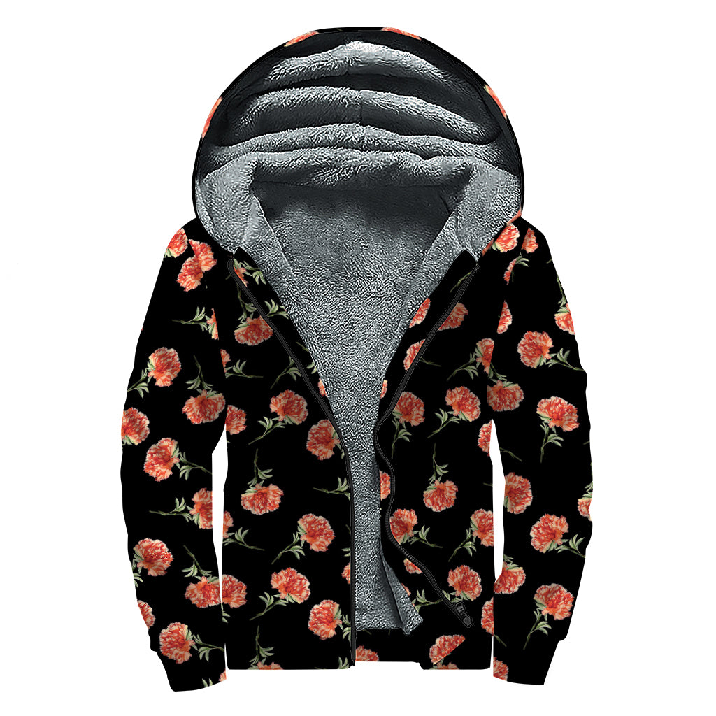 Watercolor Carnation Pattern Print Sherpa Lined Zip Up Hoodie