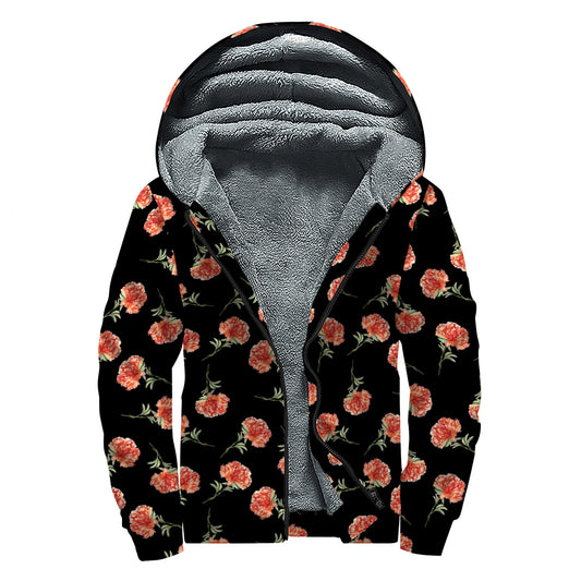 Watercolor Carnation Pattern Print Sherpa Lined Zip Up Hoodie