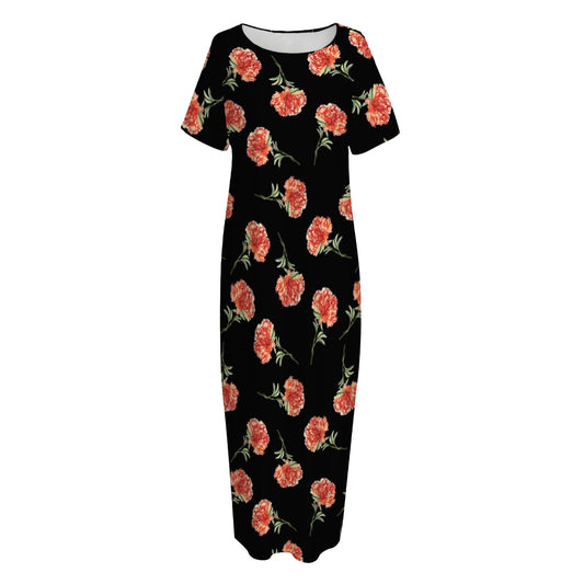 Watercolor Carnation Pattern Print Short Sleeve Long Nightdress