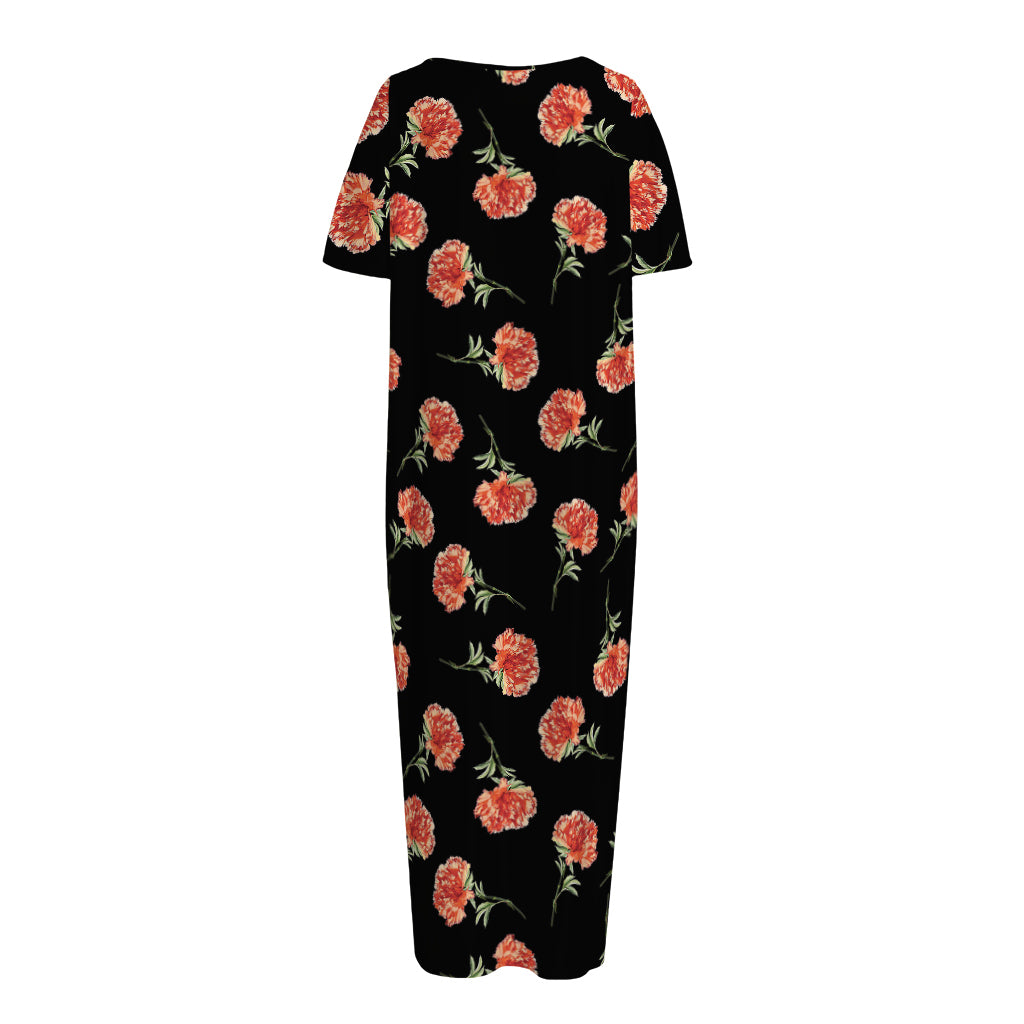 Watercolor Carnation Pattern Print Short Sleeve Long Nightdress