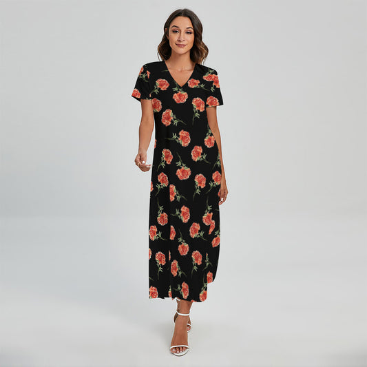 Watercolor Carnation Pattern Print Short Sleeve Maxi Dress