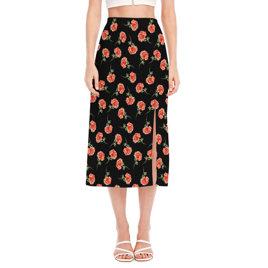 Watercolor Carnation Pattern Print Side Slit Midi Skirt