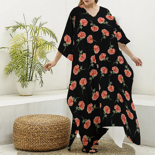 Watercolor Carnation Pattern Print Silk V-Neck Kaftan Dress