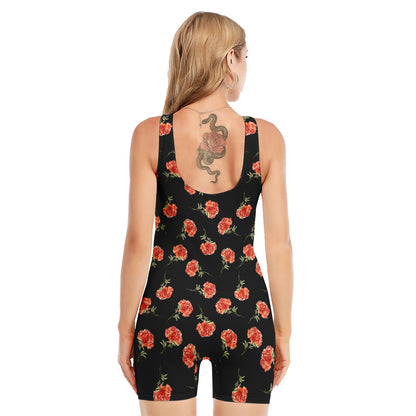 Watercolor Carnation Pattern Print Sleeveless One Piece Swimsuit