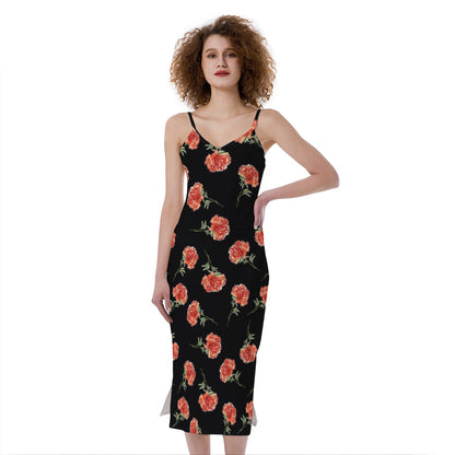 Watercolor Carnation Pattern Print Slim Fit Midi Cami Dress